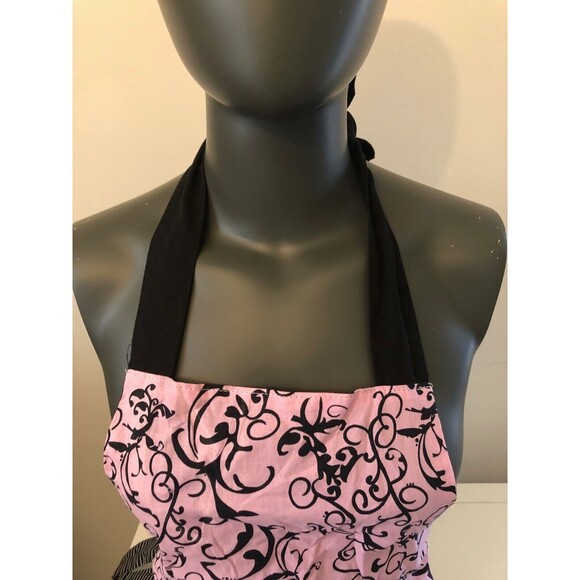 Flirty Aprons Pink w/Black Scroll Pattern & Ruffle Back or Side Tie Adult One Sz - Picture 2 of 9